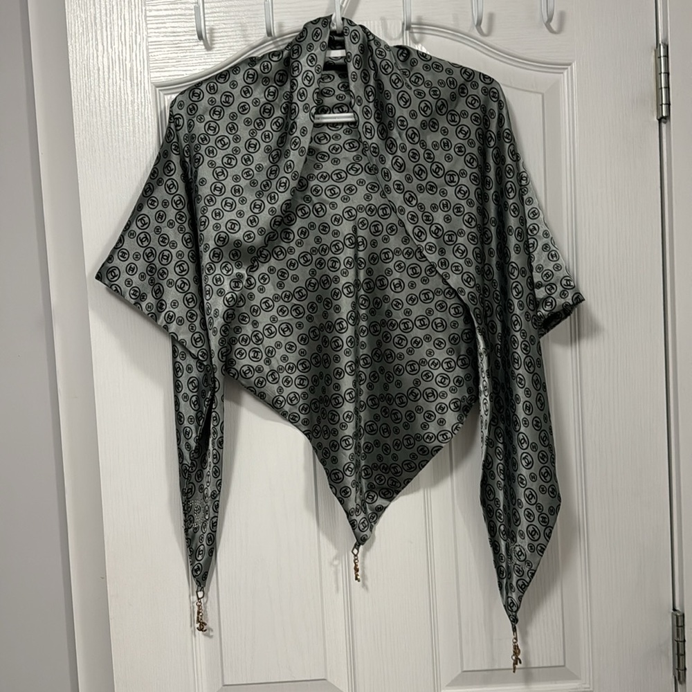 Silk like Triangle Shawl Scarf, light green with black letters.